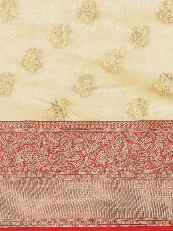 White Pure Silk Woven Zari Design Floral Saree with Unstitched Blouse - Hiral Fashion | Grocsy