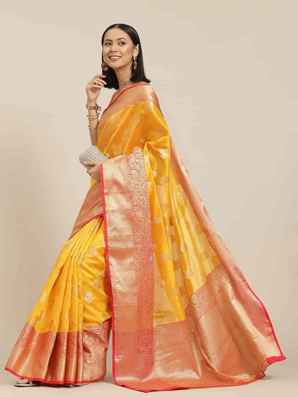 Yellow Pure Silk Woven Zari Design Floral Saree with Unstitched Blouse - Hiral Fashion | Grocsy