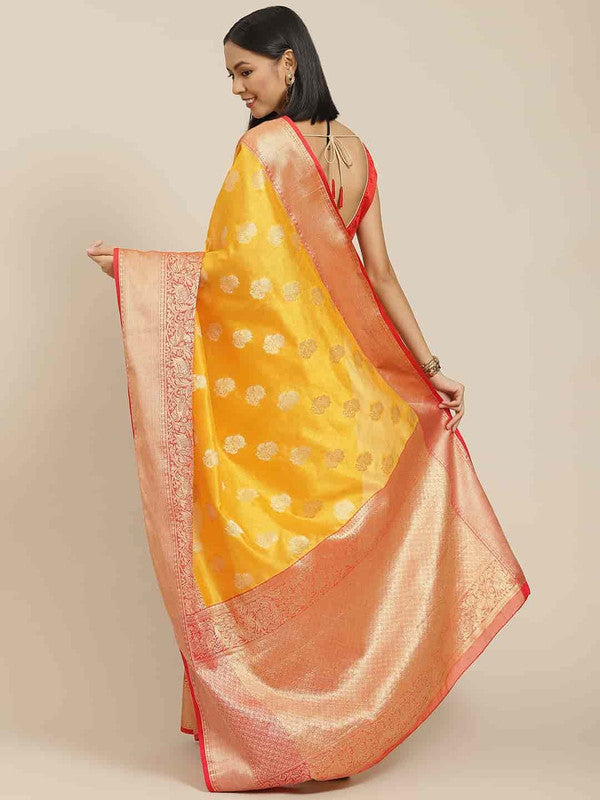 Yellow Pure Silk Woven Zari Design Floral Saree with Unstitched Blouse - Hiral Fashion | Grocsy