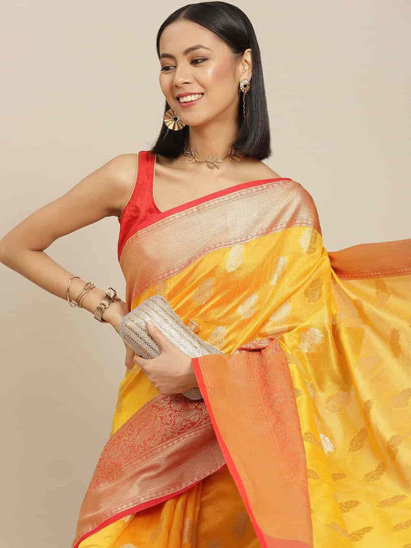 Yellow Pure Silk Woven Zari Design Floral Saree with Unstitched Blouse - Hiral Fashion | Grocsy