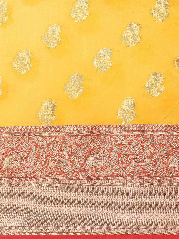 Yellow Pure Silk Woven Zari Design Floral Saree with Unstitched Blouse - Hiral Fashion | Grocsy