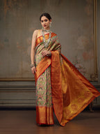 Green Pure Silk Woven Zari Design Geomatric Saree with Unstitched Blouse - Hiral Fashion | Grocsy