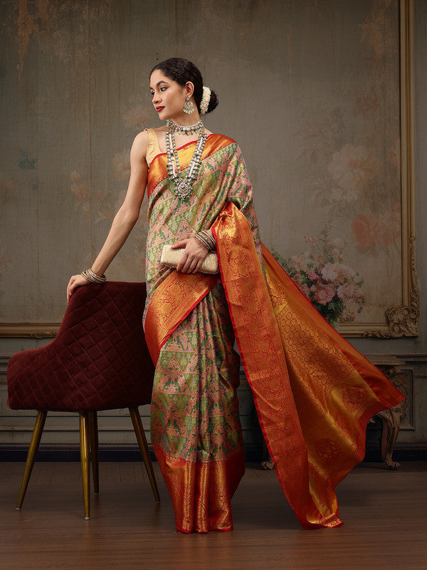 Green Pure Silk Woven Zari Design Geomatric Saree with Unstitched Blouse - Hiral Fashion | Grocsy