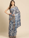 Blue Silk Blend Digital Print Floral Saree with Unstitched Blouse - Hiral Fashion | Grocsy