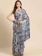 Blue Silk Blend Digital Print Floral Saree with Unstitched Blouse - Hiral Fashion | Grocsy