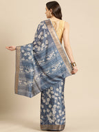 Blue Silk Blend Digital Print Floral Saree with Unstitched Blouse - Hiral Fashion | Grocsy
