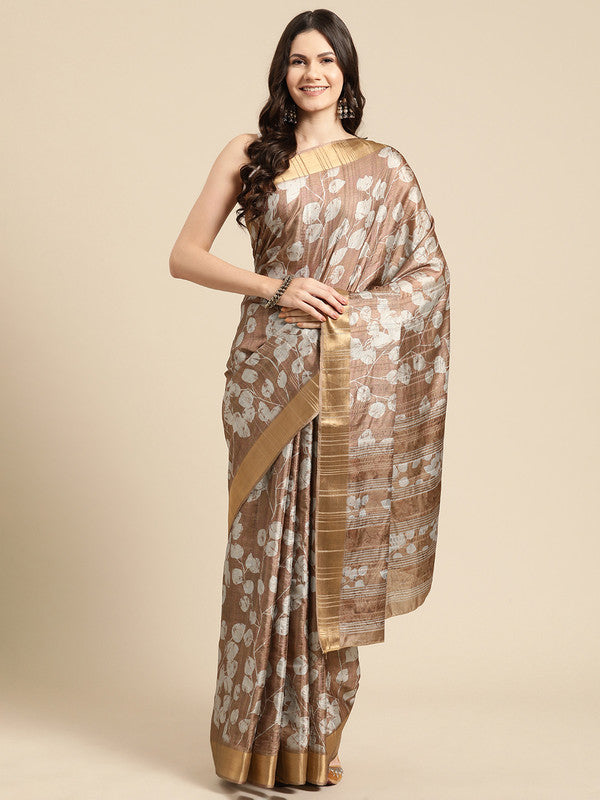 Brown Silk Blend Digital Print Floral Saree with Unstitched Blouse - Hiral Fashion | Grocsy
