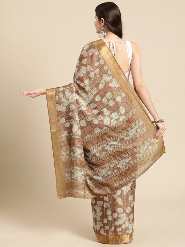 Brown Silk Blend Digital Print Floral Saree with Unstitched Blouse - Hiral Fashion | Grocsy