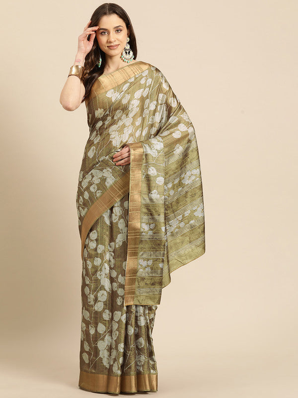 Olive Silk Blend Digital Print Floral Saree with Unstitched Blouse - Hiral Fashion | Grocsy
