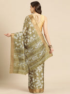Olive Silk Blend Digital Print Floral Saree with Unstitched Blouse - Hiral Fashion | Grocsy