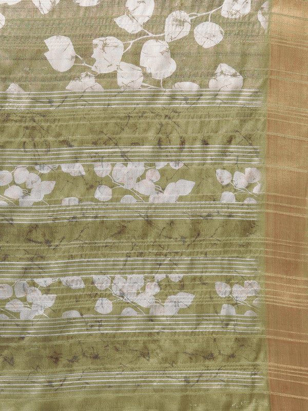 Olive Silk Blend Digital Print Floral Saree with Unstitched Blouse - Hiral Fashion | Grocsy