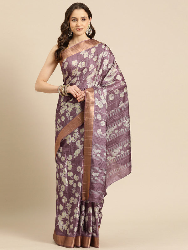 Purple Silk Blend Digital Print Floral Saree with Unstitched Blouse - Hiral Fashion | Grocsy