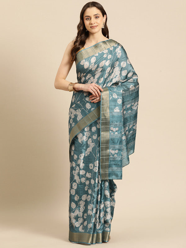 Turquoise Silk Blend Digital Print Floral Saree with Unstitched Blouse - Hiral Fashion | Grocsy