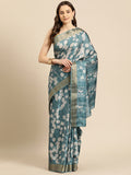 Turquoise Silk Blend Digital Print Floral Saree with Unstitched Blouse - Hiral Fashion | Grocsy