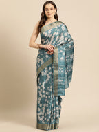 Turquoise Silk Blend Digital Print Floral Saree with Unstitched Blouse - Hiral Fashion | Grocsy