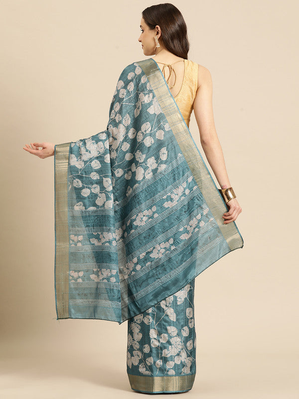 Turquoise Silk Blend Digital Print Floral Saree with Unstitched Blouse - Hiral Fashion | Grocsy