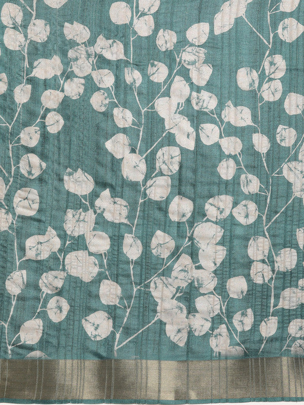 Turquoise Silk Blend Digital Print Floral Saree with Unstitched Blouse - Hiral Fashion | Grocsy