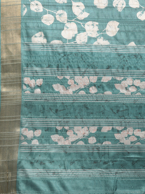 Turquoise Silk Blend Digital Print Floral Saree with Unstitched Blouse - Hiral Fashion | Grocsy
