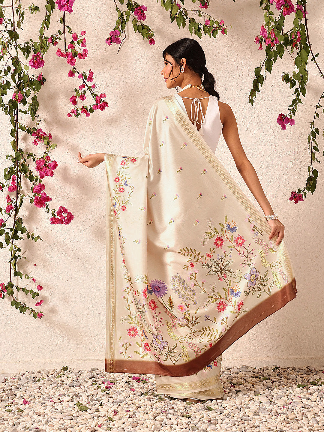 Hiral Fashion Beige Banarasi Art Silk Floral Digital Printed Saree | Grocsy