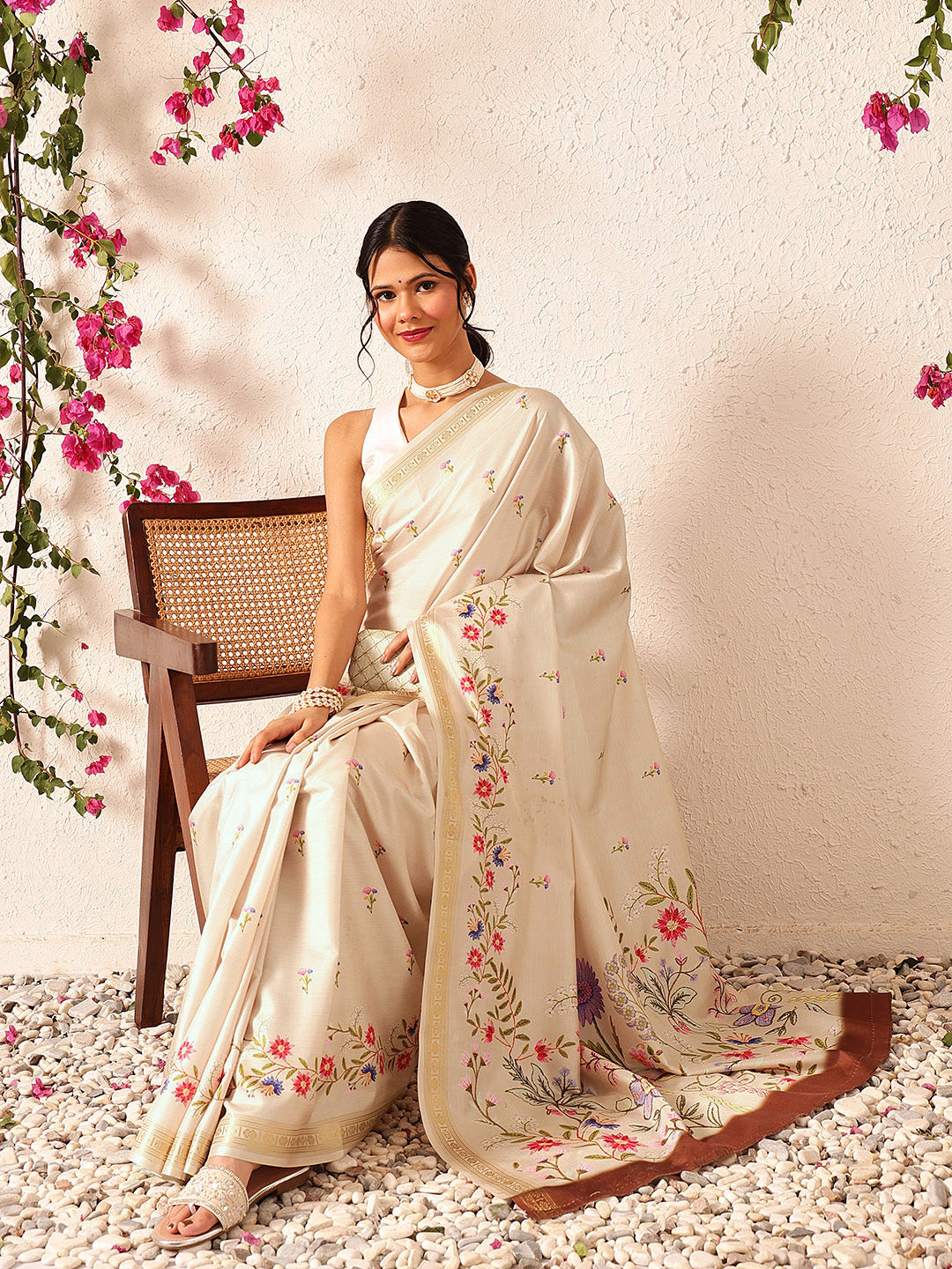 Hiral Fashion Beige Banarasi Art Silk Floral Digital Printed Saree | Grocsy