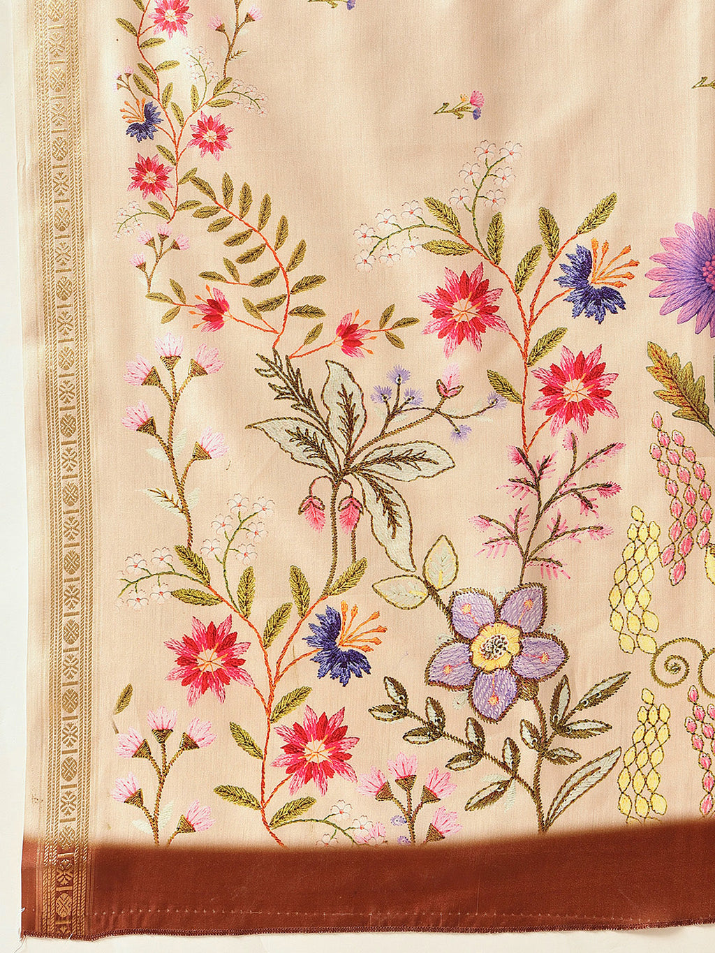Hiral Fashion Beige Banarasi Art Silk Floral Digital Printed Saree | Grocsy