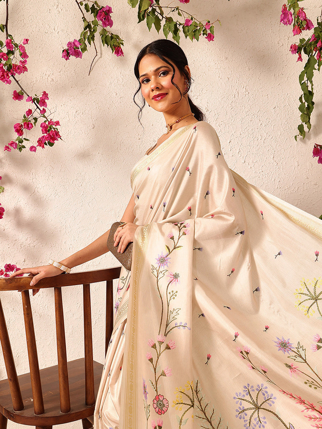 Hiral Fashion Beige Banarasi Art Silk Floral Digital Printed Saree | Grocsy