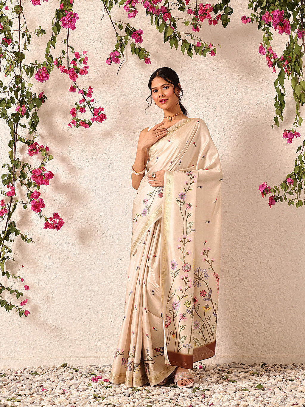 Hiral Fashion Beige Banarasi Art Silk Floral Digital Printed Saree | Grocsy