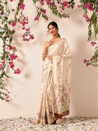 Hiral Fashion Beige Banarasi Art Silk Floral Digital Printed Saree | Grocsy