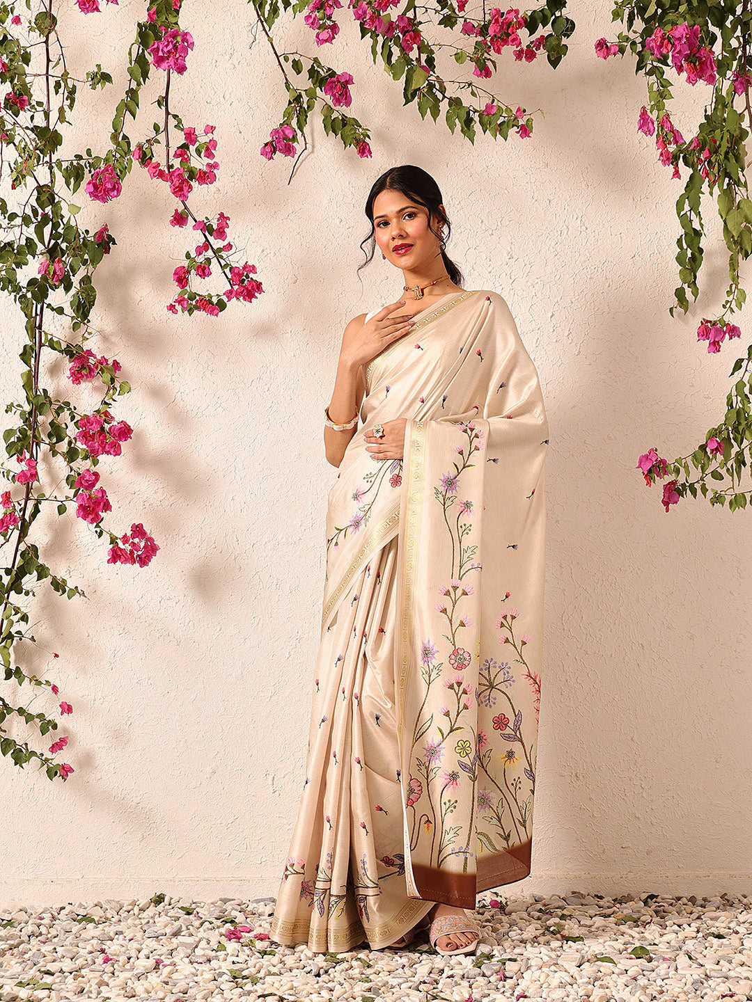 Hiral Fashion Beige Banarasi Art Silk Floral Digital Printed Saree | Grocsy