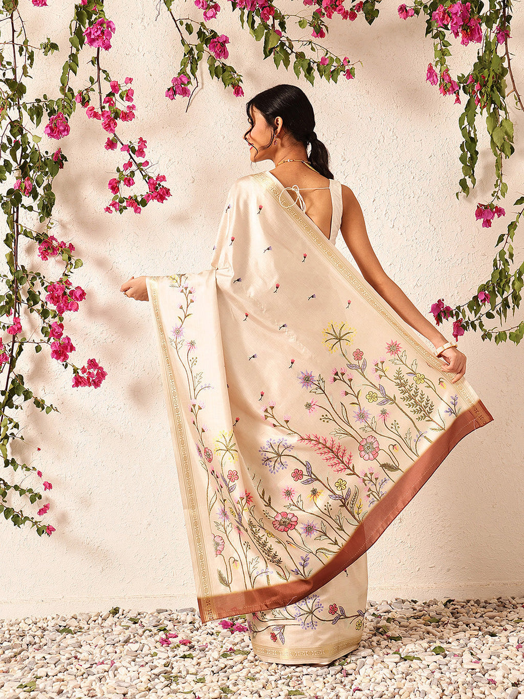 Hiral Fashion Beige Banarasi Art Silk Floral Digital Printed Saree | Grocsy