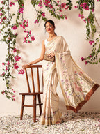 Hiral Fashion Beige Banarasi Art Silk Floral Digital Printed Saree | Grocsy