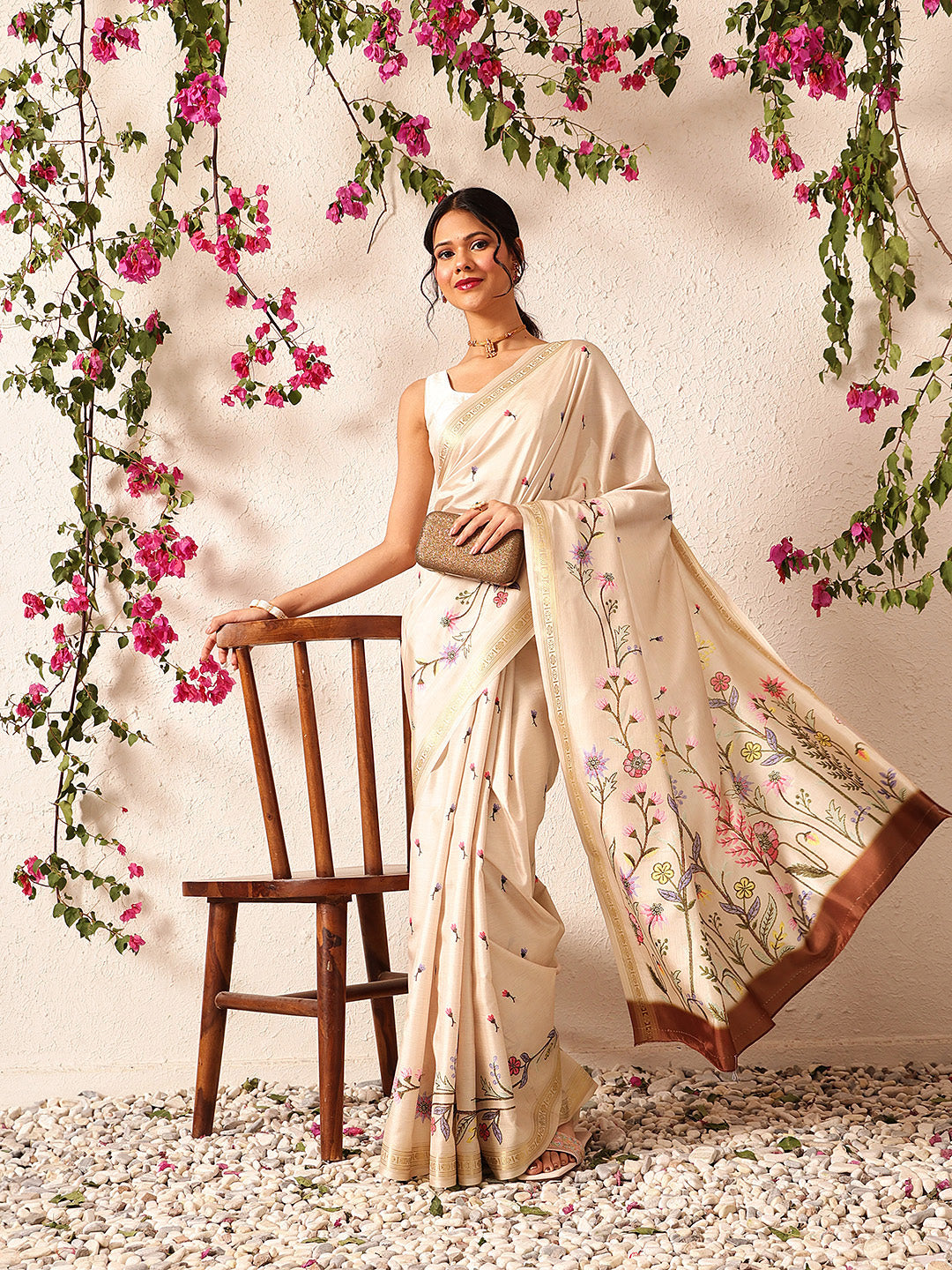 Hiral Fashion Beige Banarasi Art Silk Floral Digital Printed Saree | Grocsy