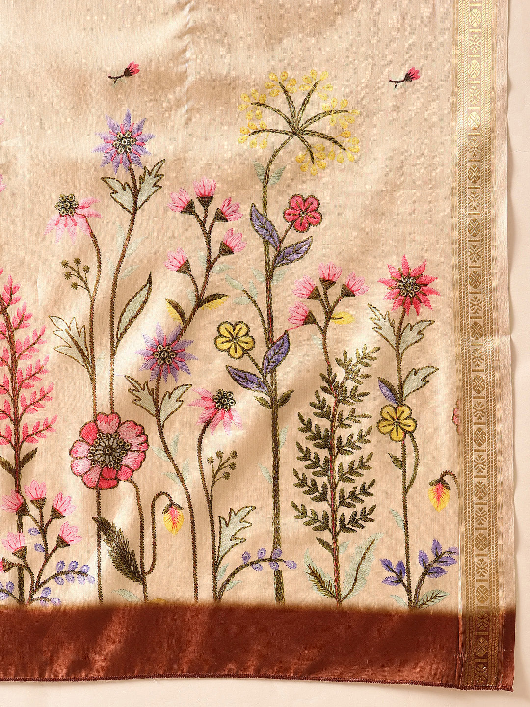 Hiral Fashion Beige Banarasi Art Silk Floral Digital Printed Saree | Grocsy