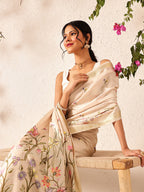 Hiral Fashion Beige Banarasi Art Silk Floral Digital Printed Saree | Grocsy