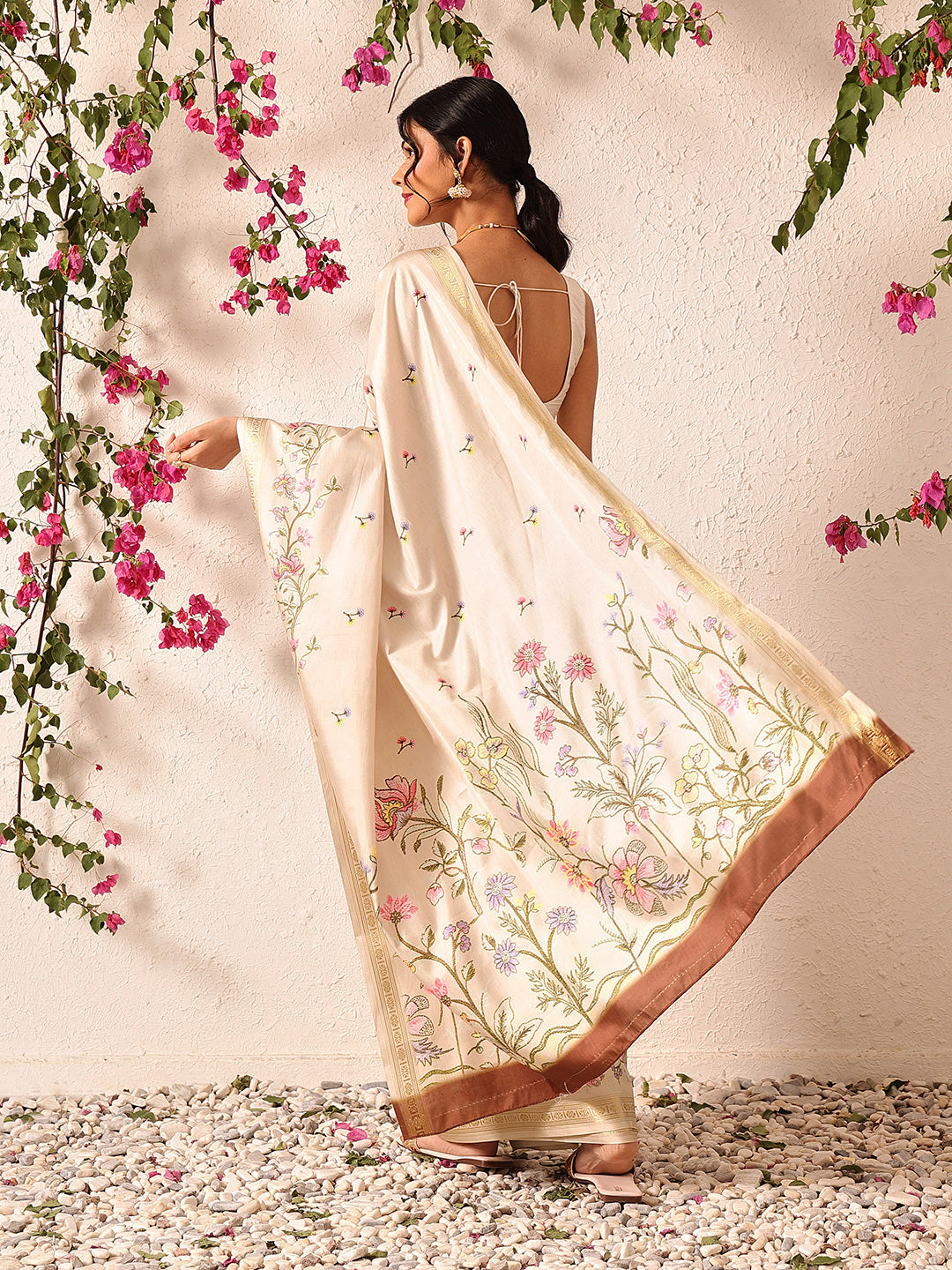 Hiral Fashion Beige Banarasi Art Silk Floral Digital Printed Saree | Grocsy