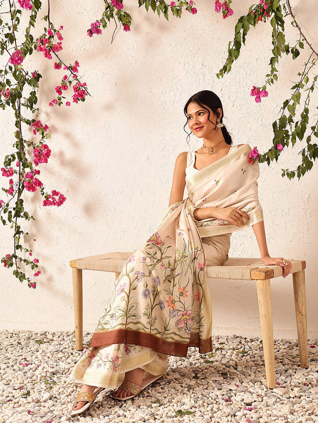 Hiral Fashion Beige Banarasi Art Silk Floral Digital Printed Saree | Grocsy