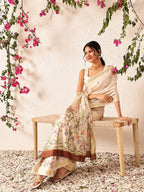 Hiral Fashion Beige Banarasi Art Silk Floral Digital Printed Saree | Grocsy