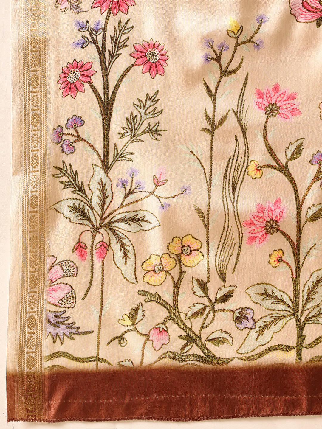 Hiral Fashion Beige Banarasi Art Silk Floral Digital Printed Saree | Grocsy