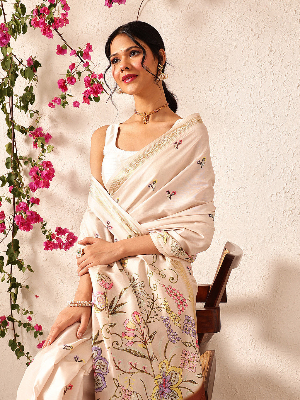 Hiral Fashion Beige Banarasi Art Silk Floral Digital Printed Saree | Grocsy