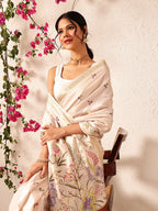 Hiral Fashion Beige Banarasi Art Silk Floral Digital Printed Saree | Grocsy
