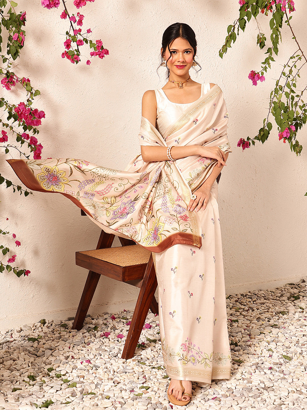Hiral Fashion Beige Banarasi Art Silk Floral Digital Printed Saree | Grocsy