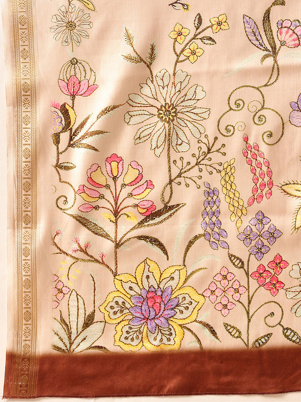 Hiral Fashion Beige Banarasi Art Silk Floral Digital Printed Saree | Grocsy