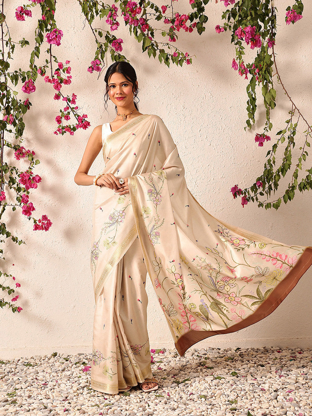 Hiral Fashion Beige Banarasi Art Silk Floral Digital Printed Saree | Grocsy