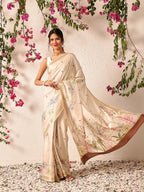 Hiral Fashion Beige Banarasi Art Silk Floral Digital Printed Saree | Grocsy