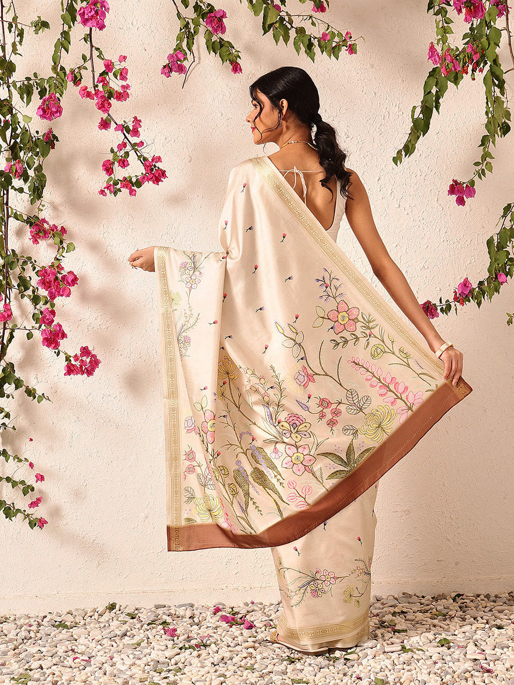 Hiral Fashion Beige Banarasi Art Silk Floral Digital Printed Saree | Grocsy
