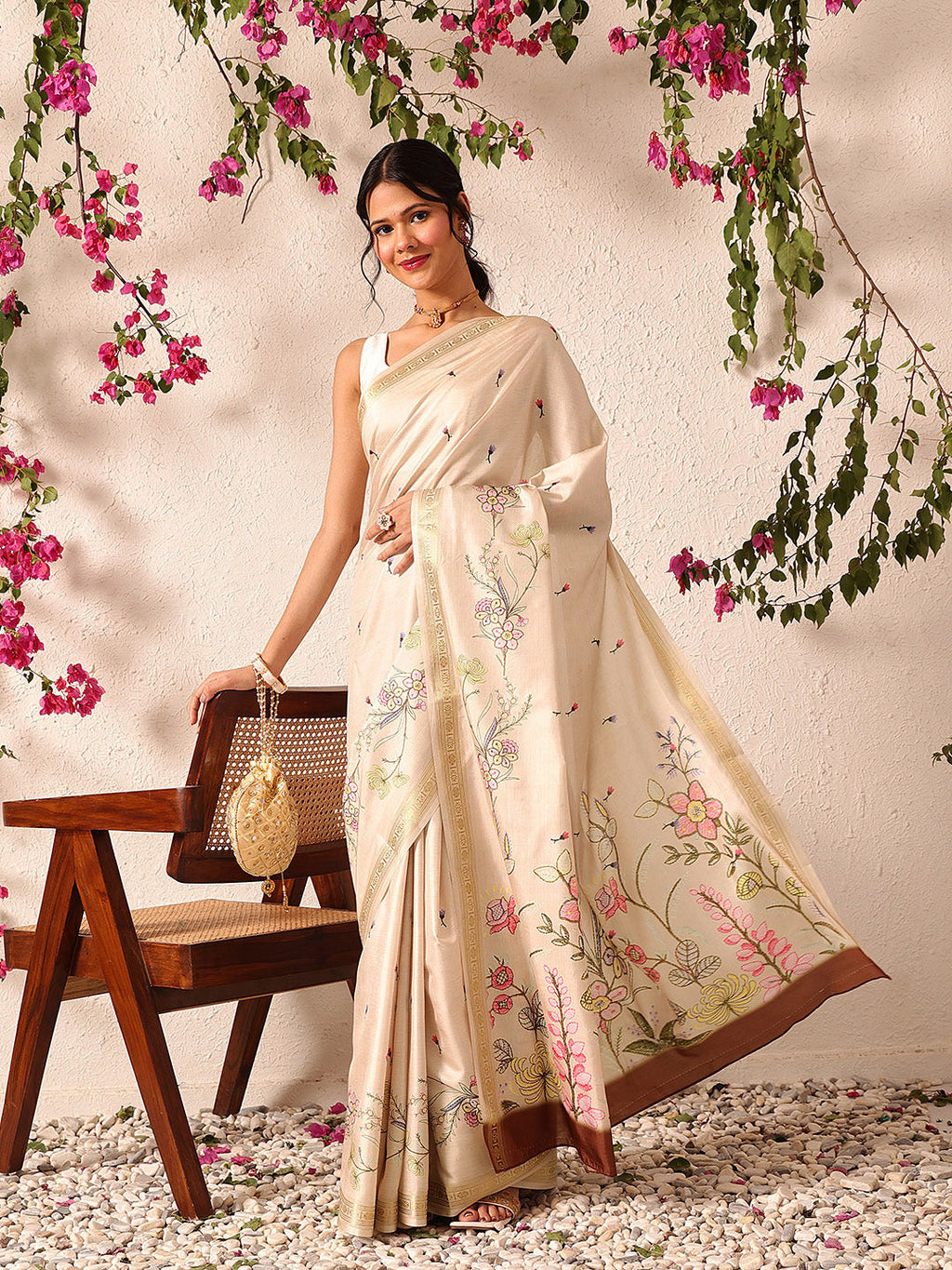 Hiral Fashion Beige Banarasi Art Silk Floral Digital Printed Saree | Grocsy
