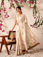 Hiral Fashion Beige Banarasi Art Silk Floral Digital Printed Saree | Grocsy
