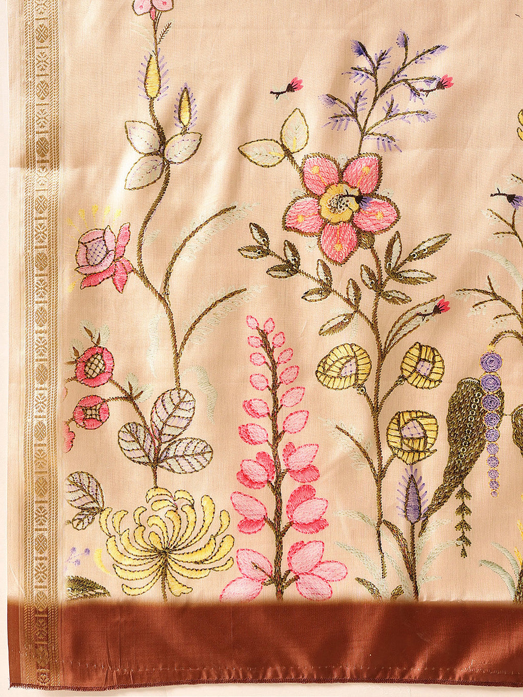 Hiral Fashion Beige Banarasi Art Silk Floral Digital Printed Saree | Grocsy