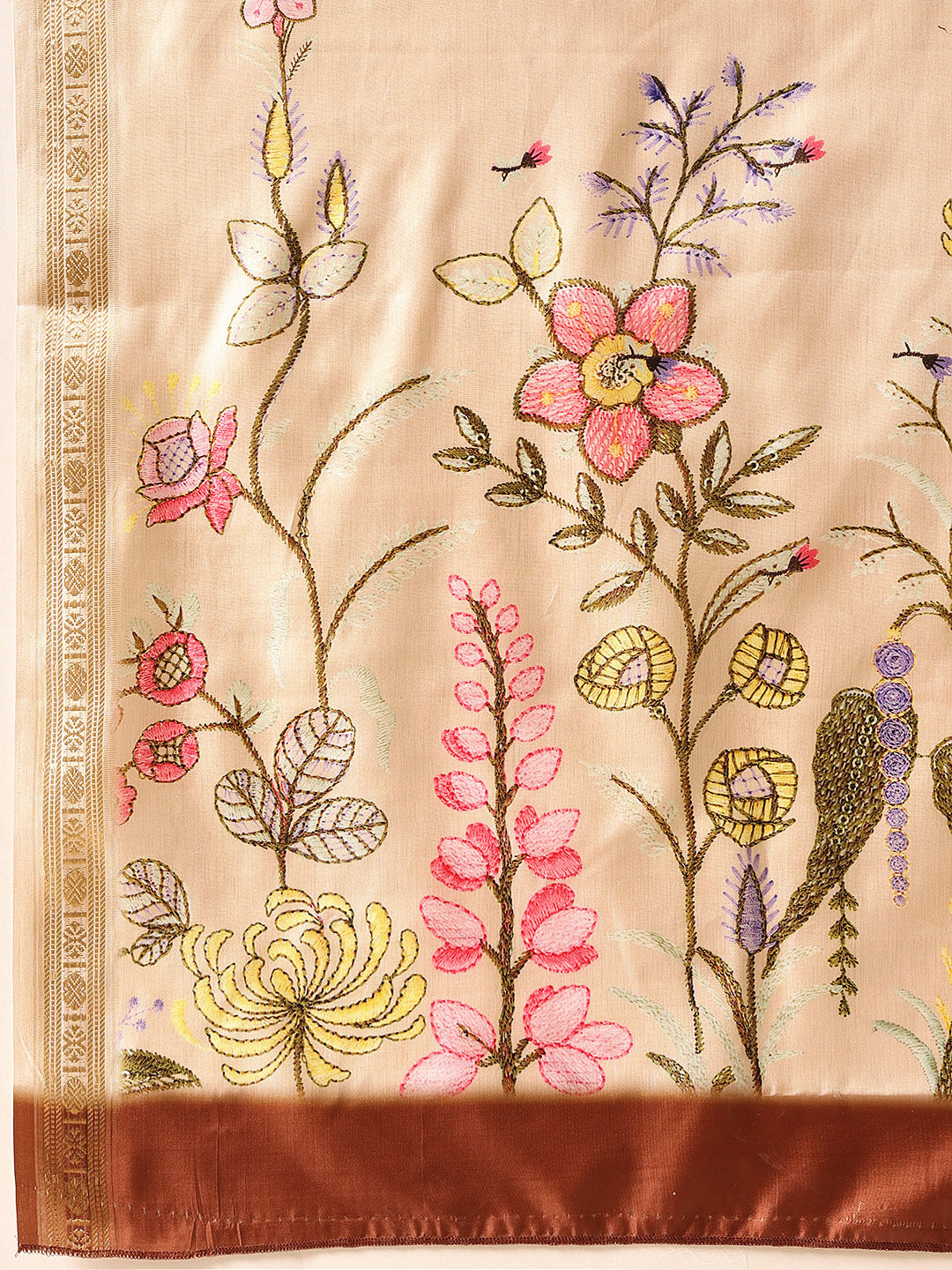 Hiral Fashion Beige Banarasi Art Silk Floral Digital Printed Saree | Grocsy