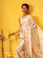 Hiral Fashion Beige Banarasi Art Silk Floral Digital Printed Saree | Grocsy